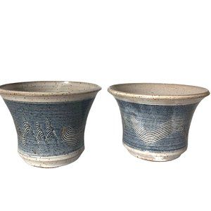 Apple Baker Dish Set of 2 Hand Thrown Pottery Signed MW Murray Blue Gray